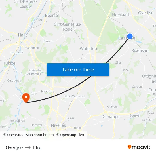 Overijse to Ittre map