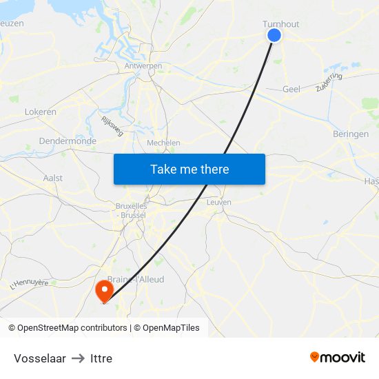 Vosselaar to Ittre map
