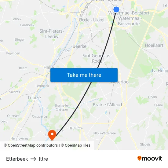 Etterbeek to Ittre map