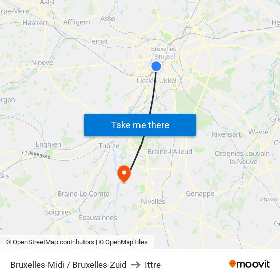 Bruxelles-Midi / Bruxelles-Zuid to Ittre map