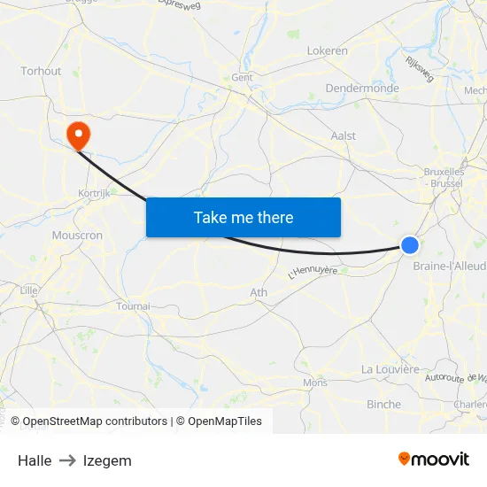 Halle to Izegem map