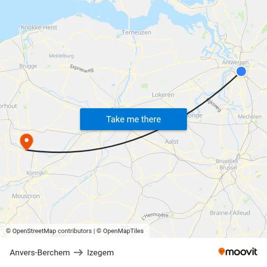 Anvers-Berchem to Izegem map