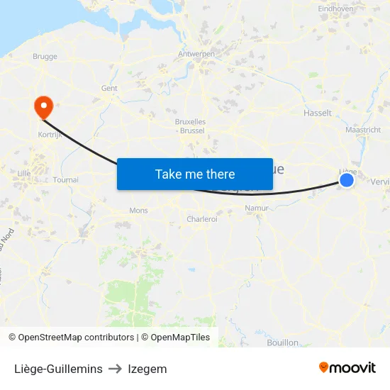 Liège-Guillemins to Izegem map