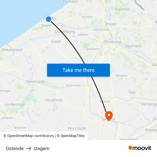 Ostende to Izegem map
