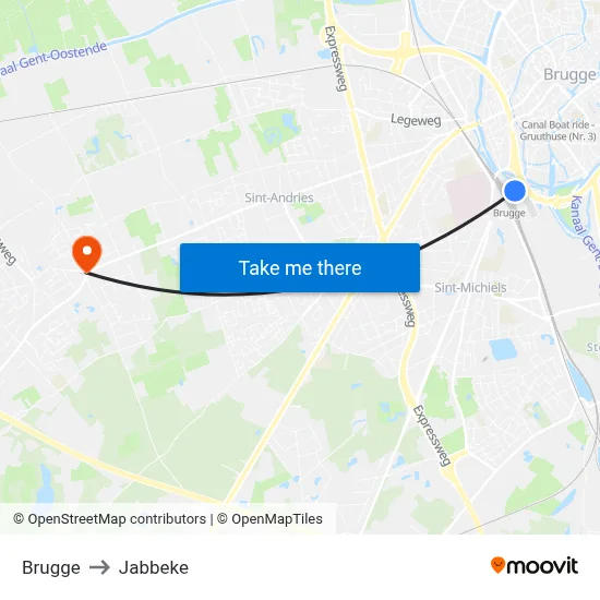 Brugge to Jabbeke map