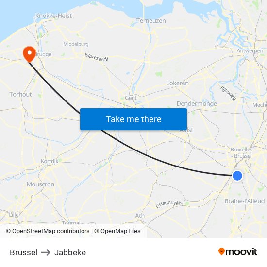 Brussel to Jabbeke map