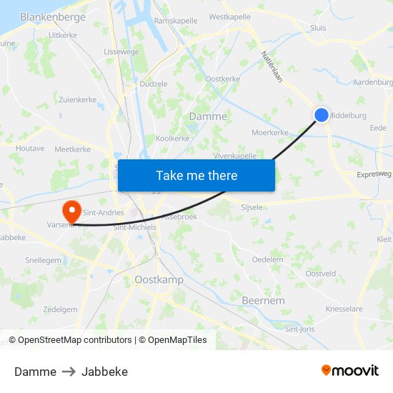 Damme to Jabbeke map