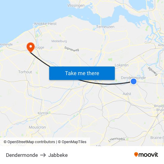 Dendermonde to Jabbeke map
