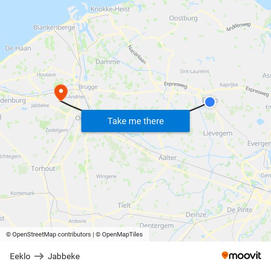 Eeklo to Jabbeke map