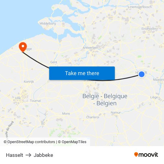 Hasselt to Jabbeke map