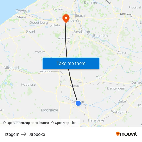Izegem to Jabbeke map