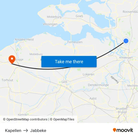 Kapellen to Jabbeke map