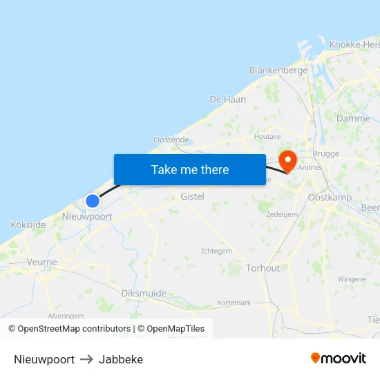Nieuwpoort to Jabbeke map
