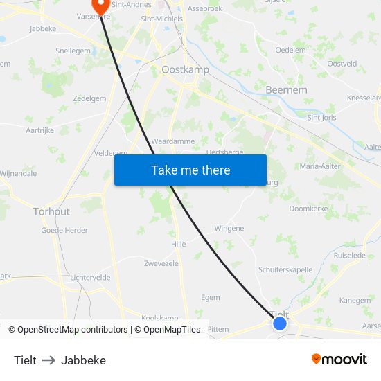 Tielt to Jabbeke map