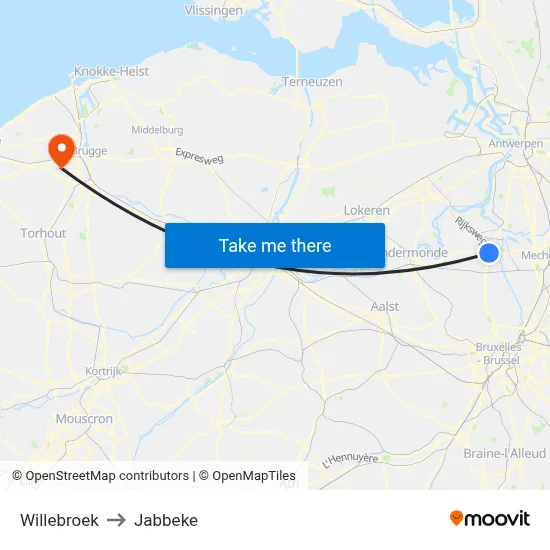 Willebroek to Jabbeke map