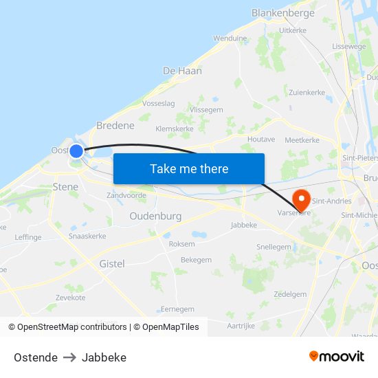Ostende to Jabbeke map