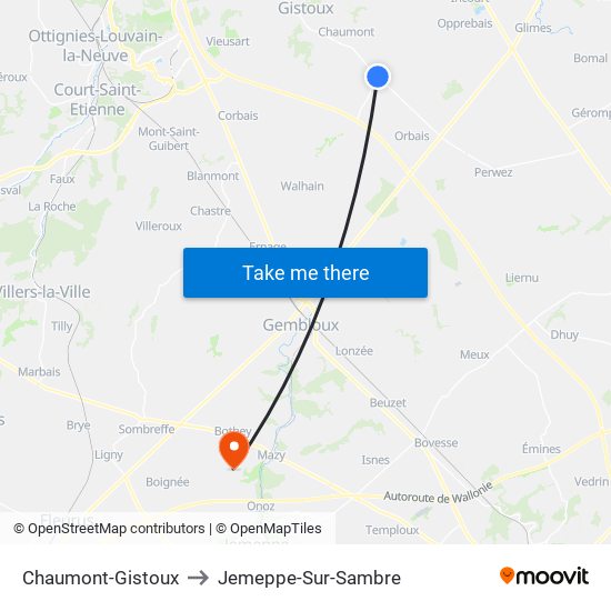 Chaumont-Gistoux to Jemeppe-Sur-Sambre map