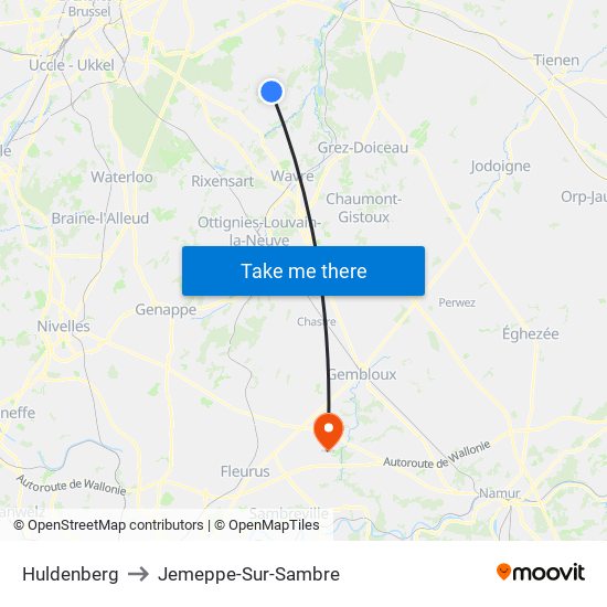 Huldenberg to Jemeppe-Sur-Sambre map
