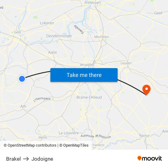 Brakel to Jodoigne map