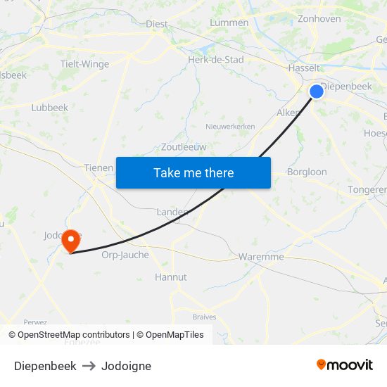 Diepenbeek to Jodoigne map