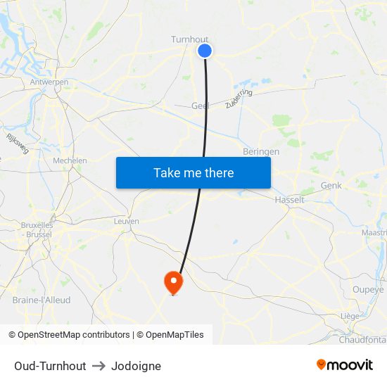 Oud-Turnhout to Jodoigne map