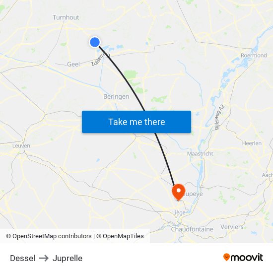 Dessel to Juprelle map