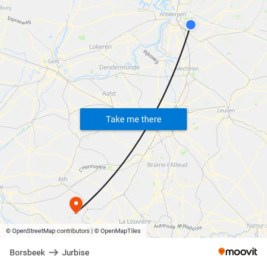 Borsbeek to Jurbise map