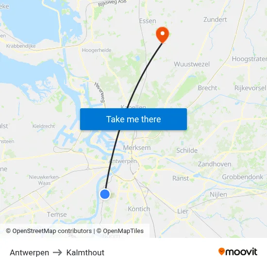 Antwerpen to Kalmthout map