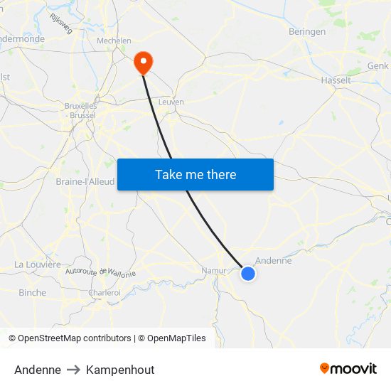 Andenne to Kampenhout map