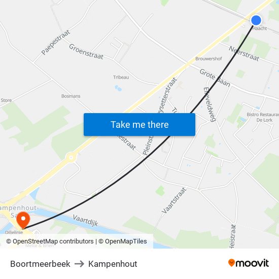 Boortmeerbeek to Kampenhout map