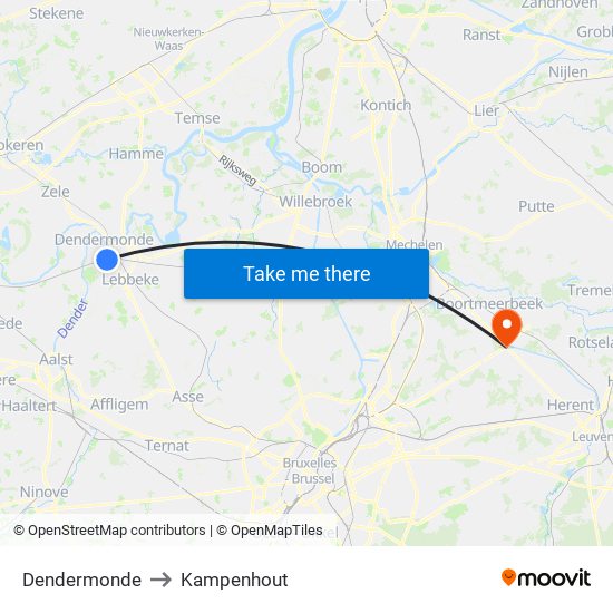 Dendermonde to Kampenhout map