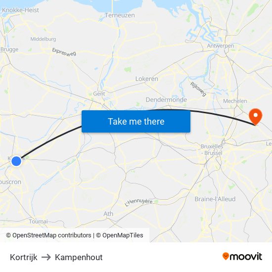Kortrijk to Kampenhout map