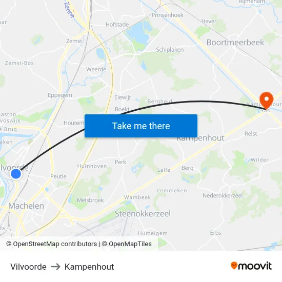 Vilvoorde to Kampenhout map
