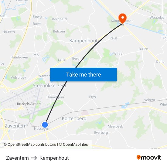 Zaventem to Kampenhout map