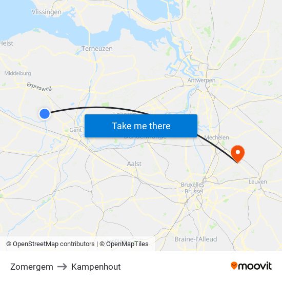Zomergem to Kampenhout map