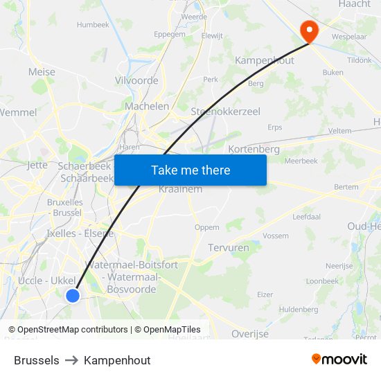 Brussels to Kampenhout map