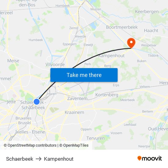 Schaerbeek to Kampenhout map