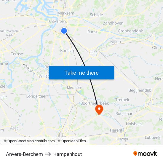 Anvers-Berchem to Kampenhout map