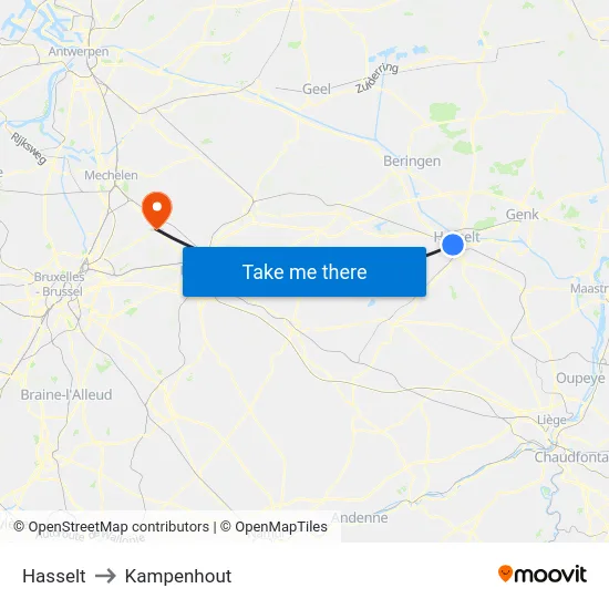 Hasselt to Kampenhout map