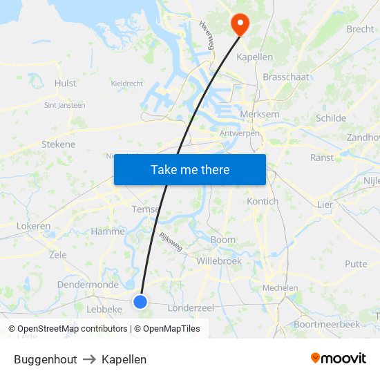 Buggenhout to Kapellen map