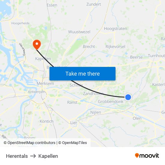 Herentals to Kapellen map