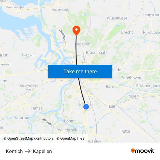 Kontich to Kapellen map