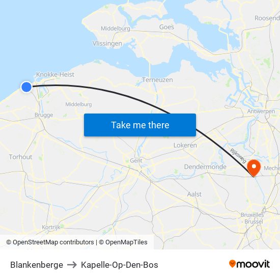 Blankenberge to Kapelle-Op-Den-Bos map