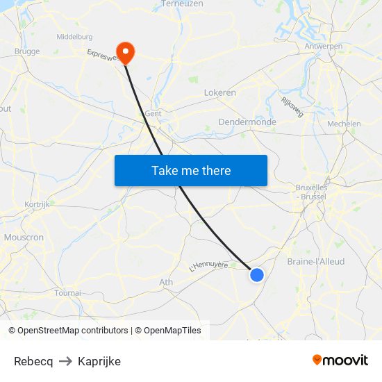 Rebecq to Kaprijke map
