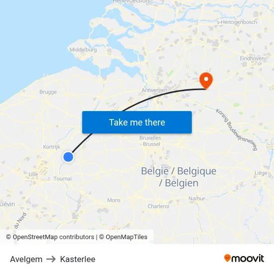 Avelgem to Kasterlee map