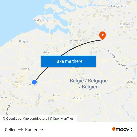Celles to Kasterlee map