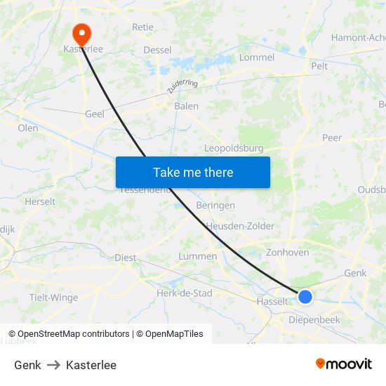 Genk to Kasterlee map