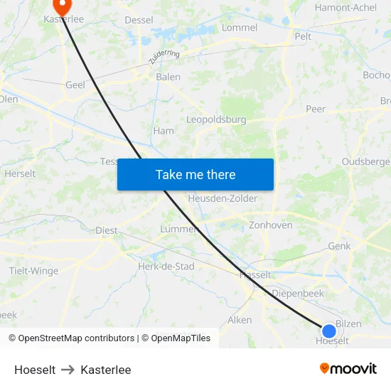 Hoeselt to Kasterlee map