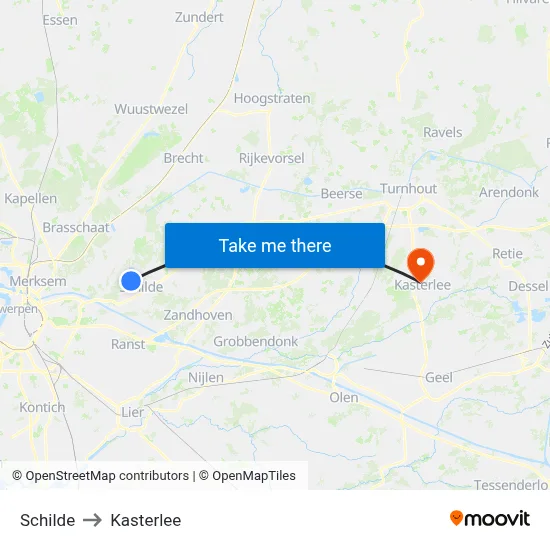 Schilde to Kasterlee map