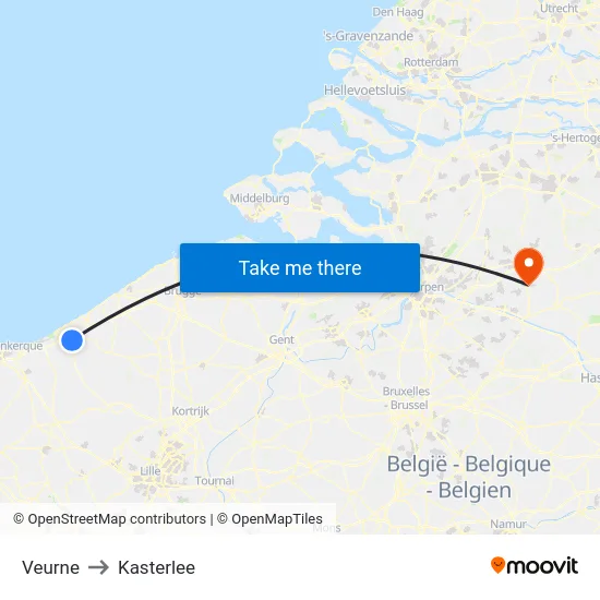 Veurne to Kasterlee map